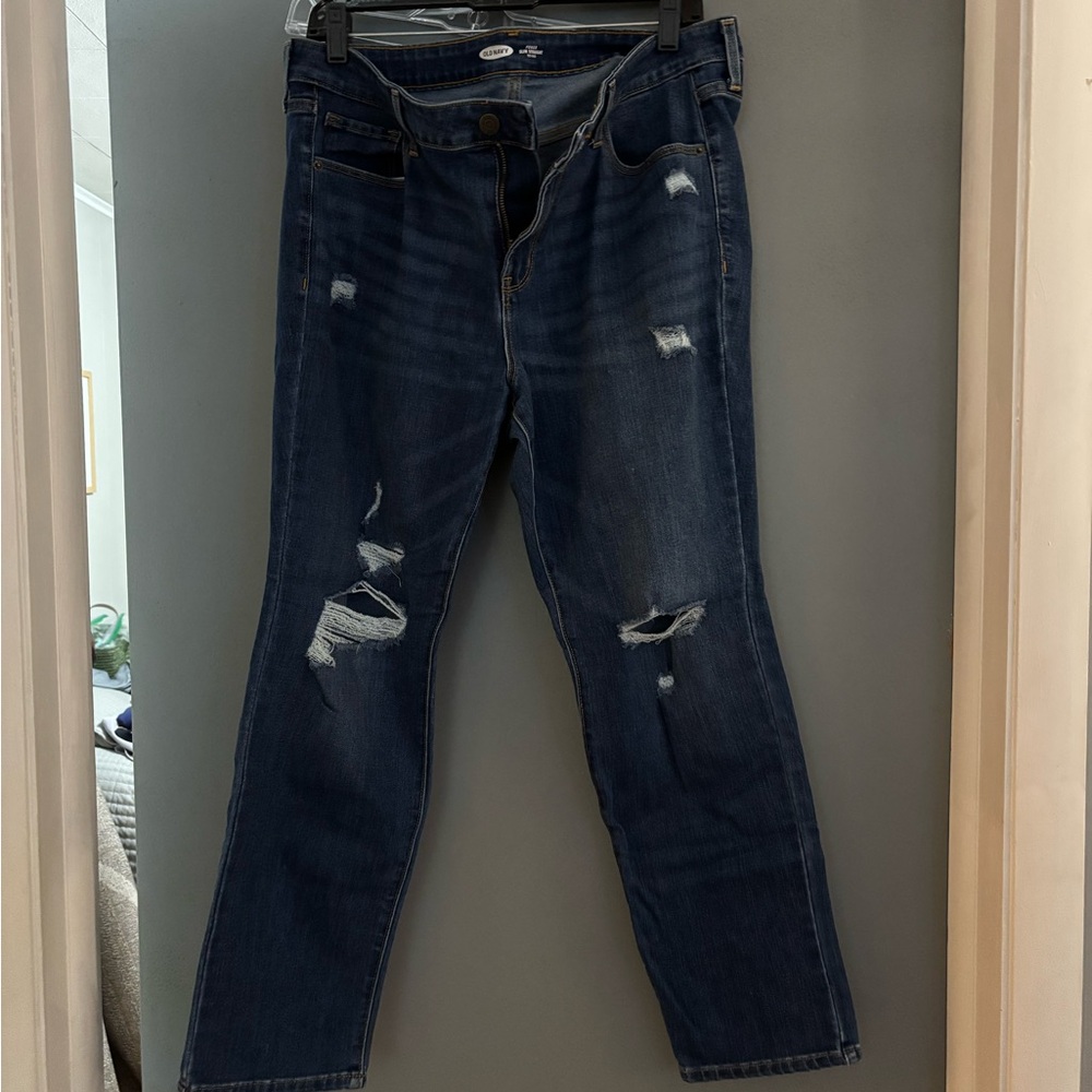 Old Navy Dark Blue Distressed Straight Leg Jeans